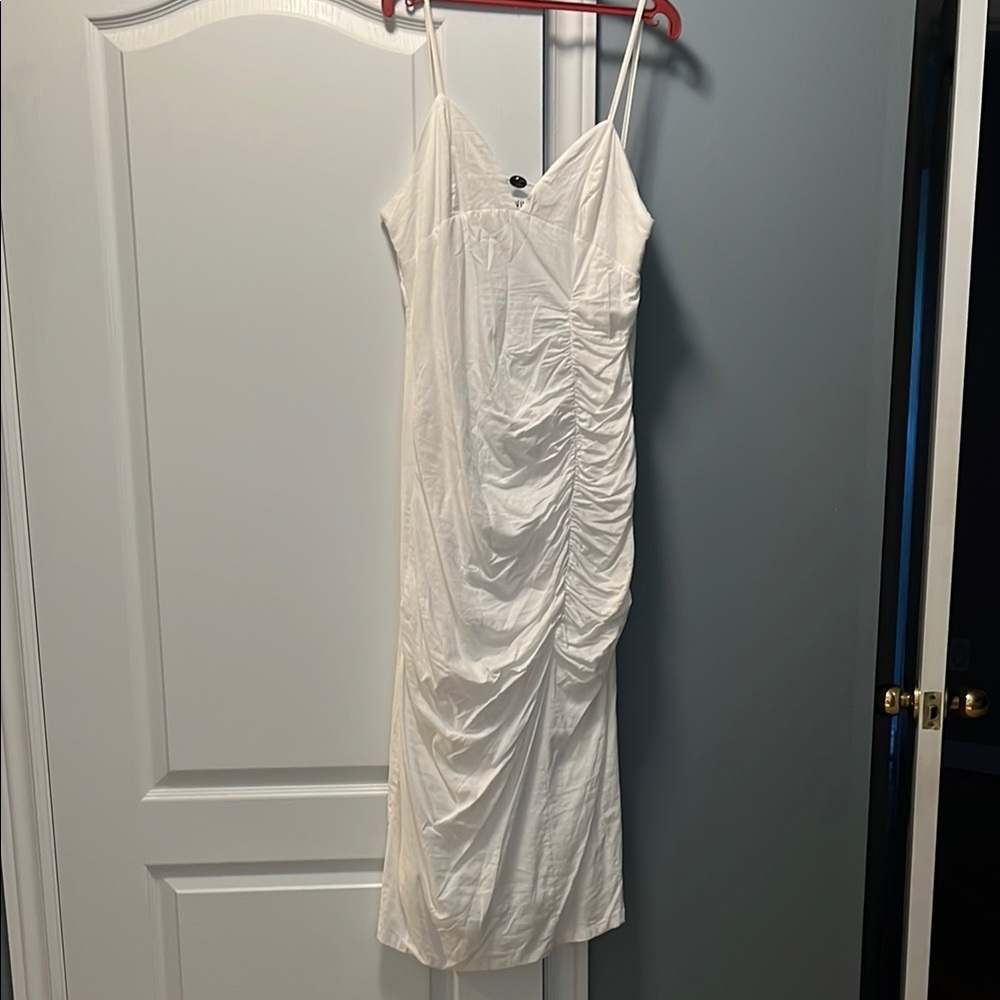 Zara White Ruched Midi Dress Spaghetti Strap Slip